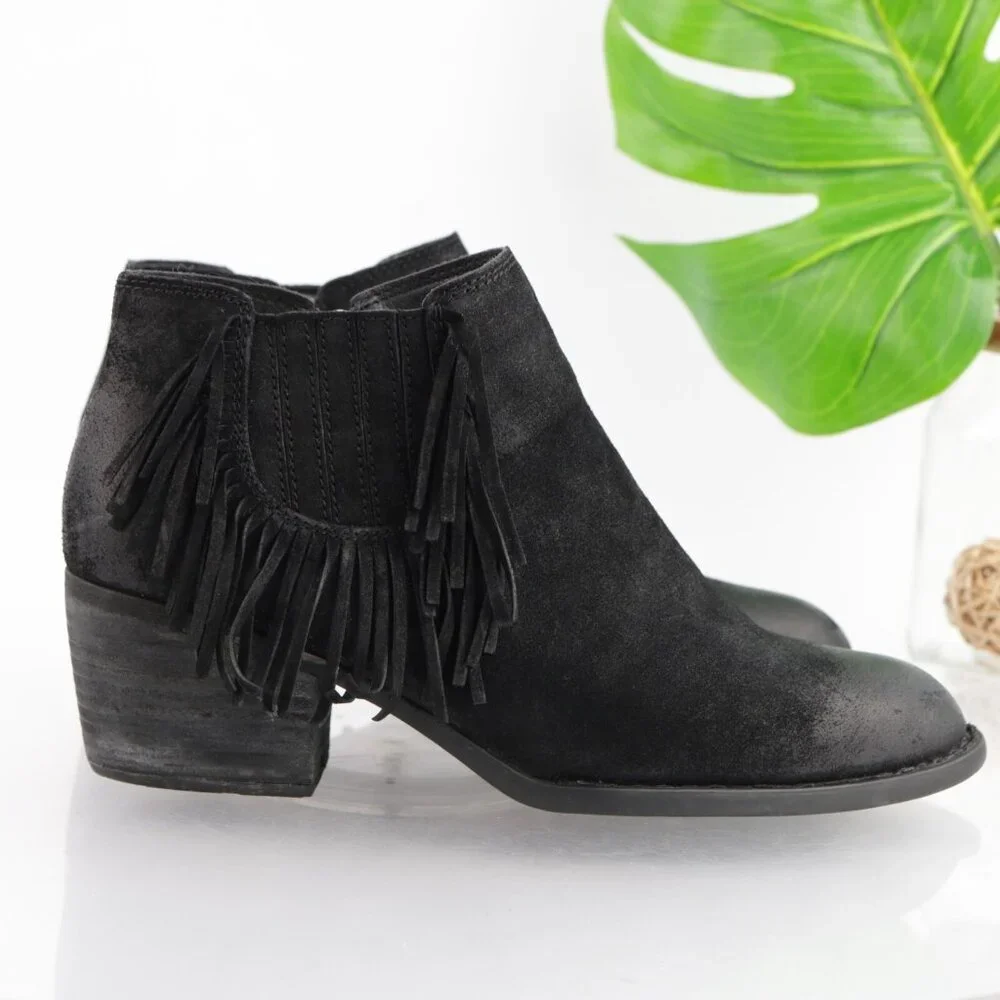 Born Womens Danni Boots Size 11 Black Suede Distress Fringe Booties‎ Block Heels